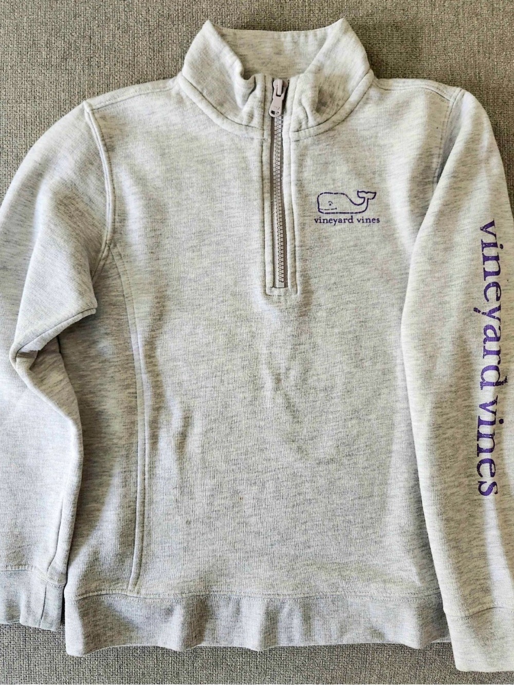Vineyard Vines Light Gray Half-Zip Pullover with Purple Whale and Sleeve Text